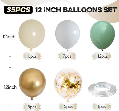 Sage Green Gold Balloons, 12 Inch Green White Metallic Gold Balloons, Olive - Image 2