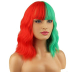 BERON 14 Inches Half Red Half Green Wig with Bangs Short Wavy Wig Green Red Wigs for Christmas Party