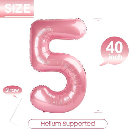 5 Balloon - Pastel Pink Birthday Number Balloons, 40 Inch Decorations | Pastel - Image 5