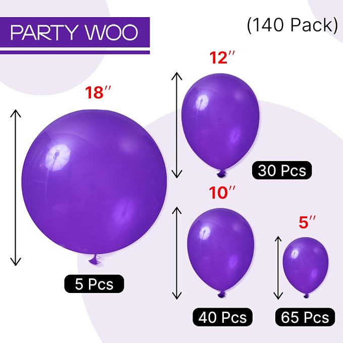 PartyWoo Dark Purple Balloons 140pcs Royal Purple Color 18 12 10 5 Inch | 18 12 - Image 3