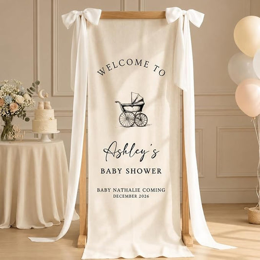 Personalized Baby Shower Fabric Welcome Sign Hello Baby Linen Backdrop | Custom by Unknown