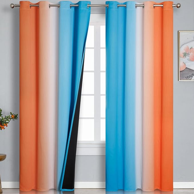 Orange and Blue Blackout Curtains 96 Inches Long, Full Light Blocking Gradient by ESTELARTEXTILER