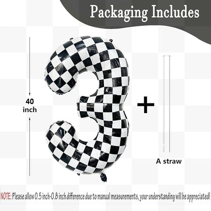 40 Inch Checkered Number Balloon 3 Black and White Number 3 Balloon Foil Helium - Image 2