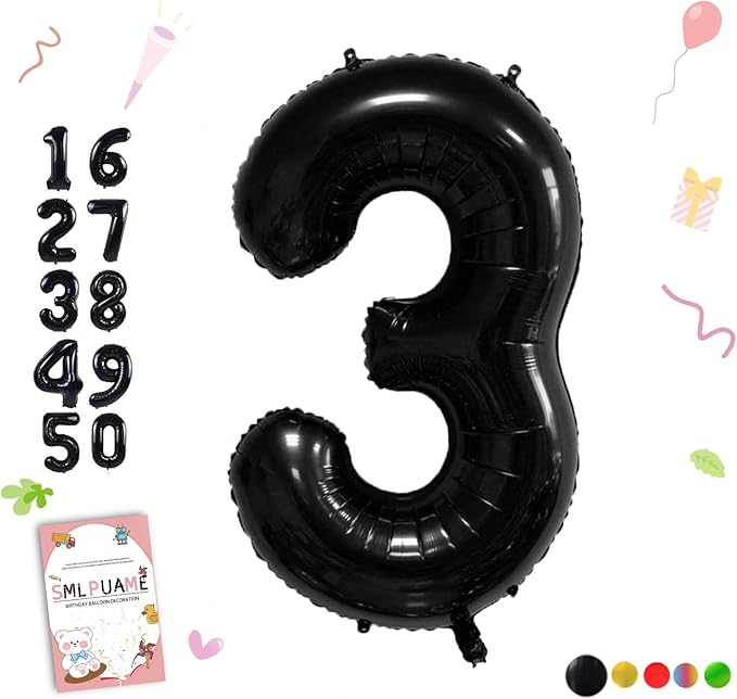 40 inch Number Balloon 0-9 Black Large Number 3 Balloons, Digital Balloons by Smlpuame