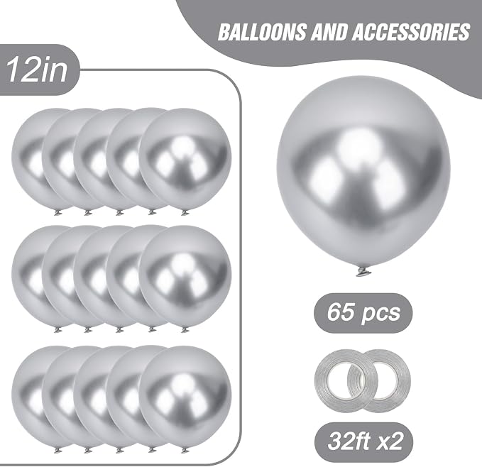 RUBFAC Silver Balloons 65pcs, Metallic Party Balloon 12 Inch - Image 2