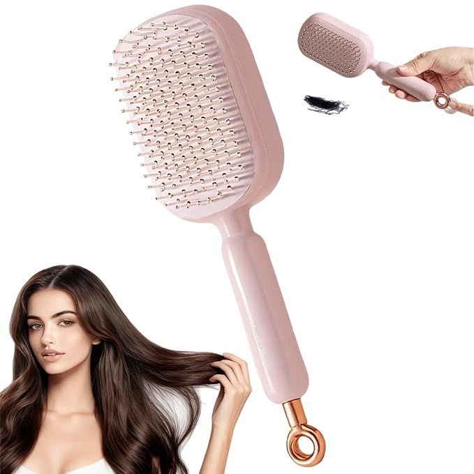 Self Cleaning Hair Brush, Retractable Hair Brush, Massage Comb With Retractable Bristles,Ergonomic Handle Hair Comb,One-pull Clean Anti Static Brushs, Hairs Styling Tools for All Hairs Types (Pink)