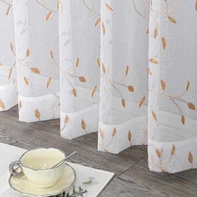 White Sheer Curtains Orange Leaf Embroidery Linen 96 Inches Long | Light - Image 6