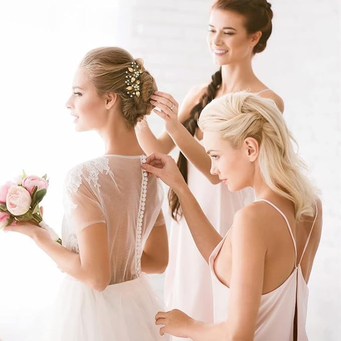 6 Pieces Bridal Wedding Hair Pins Gold Leaf Crystal Pearl Hair Pins Clips Headpiece Vintage Wedding Hair Accessories Jewelry with Rhinestone for Brides Bridesmaids Flower Girls (Lovely)
