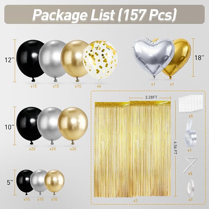 157Pcs Black Gold Silver Balloons Garland Arch Kit - Image 2