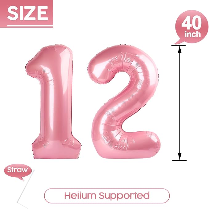 12 Balloon - Pastel Pink Birthday Number Balloons, 40 Inch Decorations | Pastel - Image 5