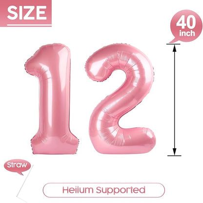 12 Balloon - Pastel Pink Birthday Number Balloons, 40 Inch Decorations | Pastel - Image 5