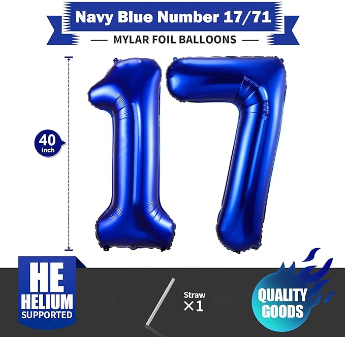 Navy Blue 17 Balloon Numbers, 40 Inch Dark Blue 17 or 71 Birthday Balloons - Image 2