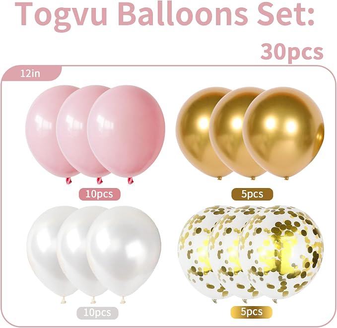 Balloons Pink White Gold, 12 Inch Pastel Pink Pearl White Metallic Chrome Gold - Image 2