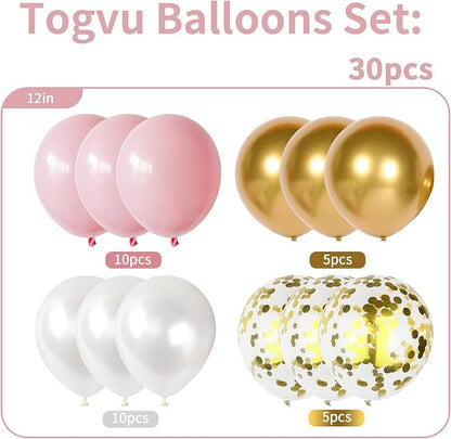 Balloons Pink White Gold, 12 Inch Pastel Pink Pearl White Metallic Chrome Gold - Image 2