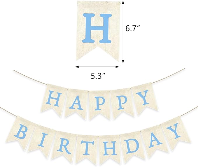 Light Blue Happy Birthday Banner Pre-strung Burlap Bunting Party Backdrop Sign - Image 2