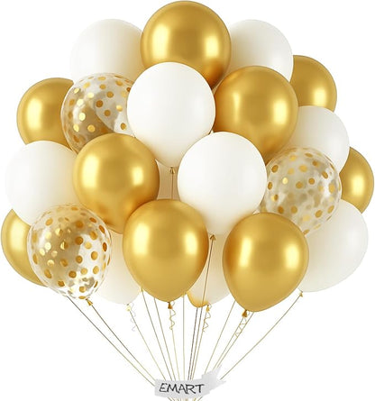 EMART White and Gold Balloons 12 Inch 60pcs, Latex Balloons by EMART