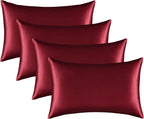 Satin Silk Pillowcase for Hair and Skin, Black Pillow Cases Standard Size Set of 4 Pack Super Soft Pillow Case with Zipper Closure (Burgundy, Queen(4 Pack))