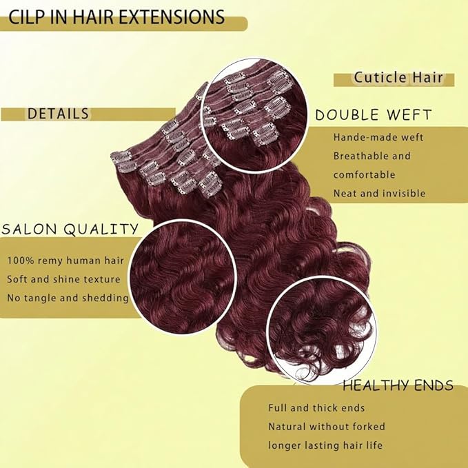 Clip in Hair Extensions Real Human Hair Body Wave 99J Burgundy Clip in 100% Brazilian Remy Human Hair Extensions 8pcs Per Set with 18 Clips Double Weft 20 Inch 105g/3.6oz
