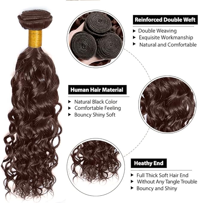30 32 34 Inch Chocolate Brown Bundles Human Hair Color 4 Water Wave Bundles Niegmeag Virgin Remy Hair Extensions Double Weft Brown Wet and Wavy Bundle 150g