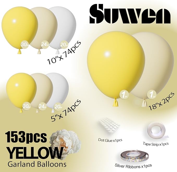 SUWEN 153Pc Yellow Balloon Arch Kit Garland 18 10 5 Inch Light Yellow White | - Image 2