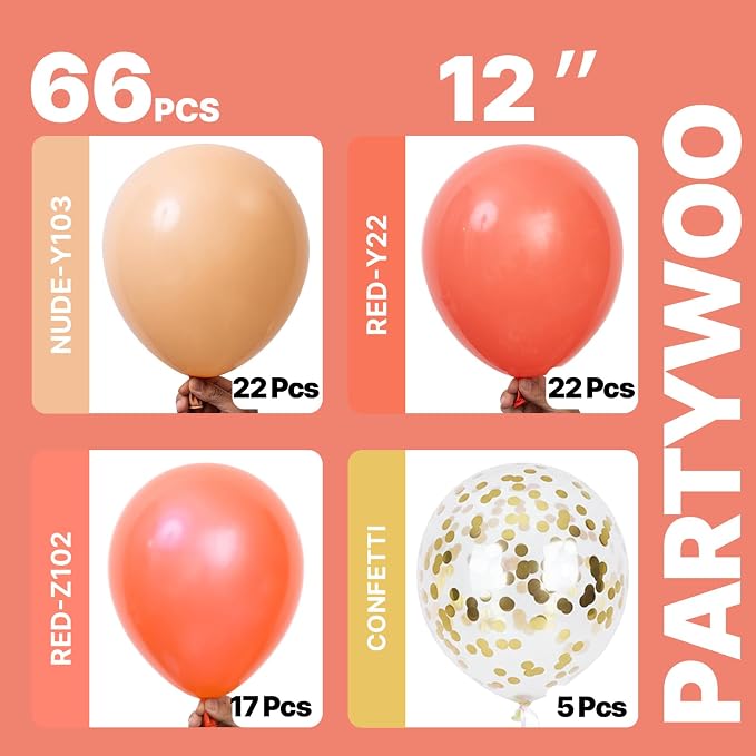 PartyWoo Red Gold and Nude Balloons 66pcs 12 10 Inch Coral Red Balloons | Coral - Image 3