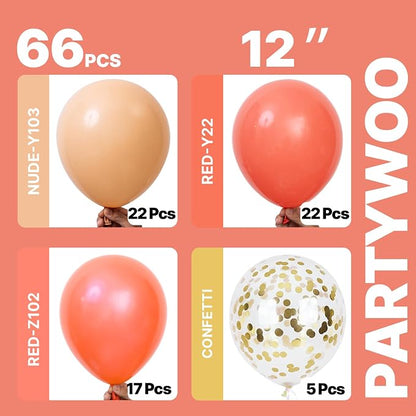 PartyWoo Red Gold and Nude Balloons 66pcs 12 10 Inch Coral Red Balloons | Coral - Image 3