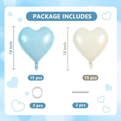 TONIFUL 30 Pcs 18 Inch Blue Cream White Heart Shape Foil Mylar Balloons | Soft - Image 2