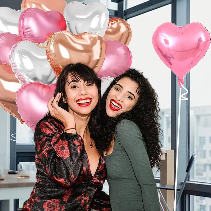 Rose Gold & Silver Heart Balloons，18 Inch Light Pink Foil Love Heart Shaped - Image 7