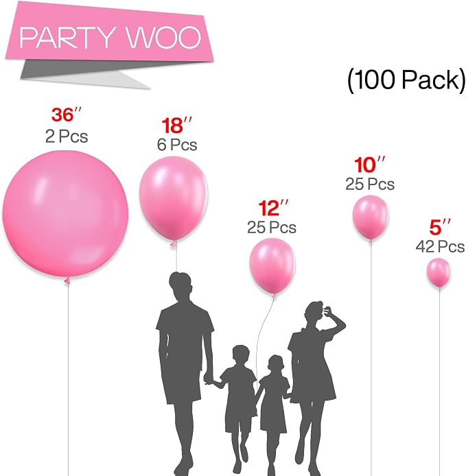 PartyWoo Pink Balloons 100pcs Matte Pink Color 36 18 12 10 5 Inch | 36 18 12 10 - Image 3