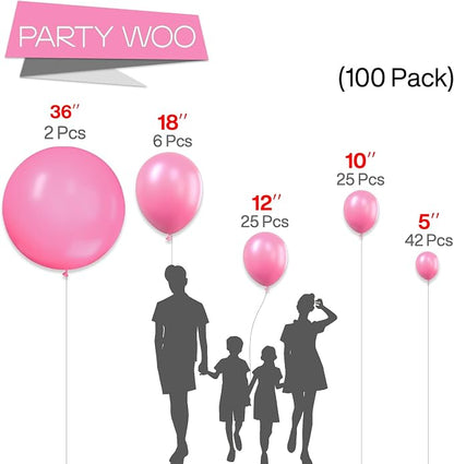 PartyWoo Pink Balloons 100pcs Matte Pink Color 36 18 12 10 5 Inch | 36 18 12 10 - Image 3
