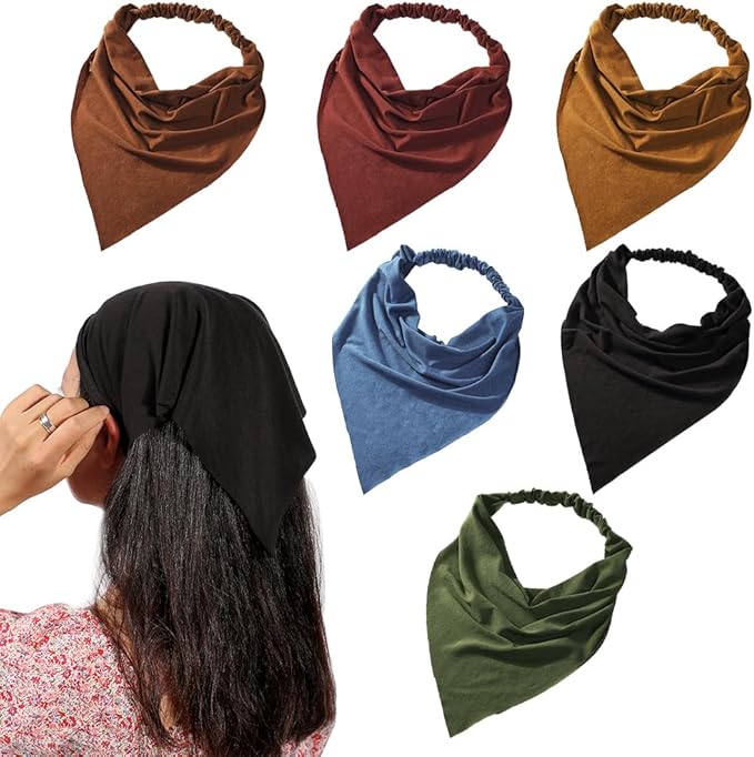 6 Pack Hair Scarf Headband for Women Elastic Bandana Head Scarf Large Boho Triangle Kerchief with Clips Non Slip Scarves