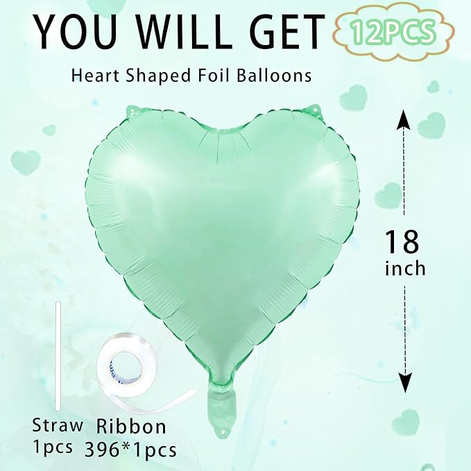 Green Heart Ballloons, 18 Inch Pastel Green Foil Love Heart Shaped Balloons - Image 5