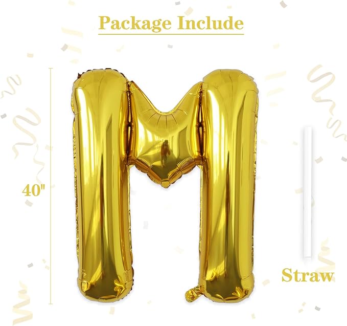 VHUWE 40 inch Gold Letter M Balloon, Big Size Alphabet Foil Mylar Helium - Image 2