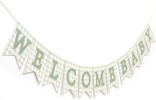 Sage Green Gingham Welcome Baby Shower Banner by Unknown