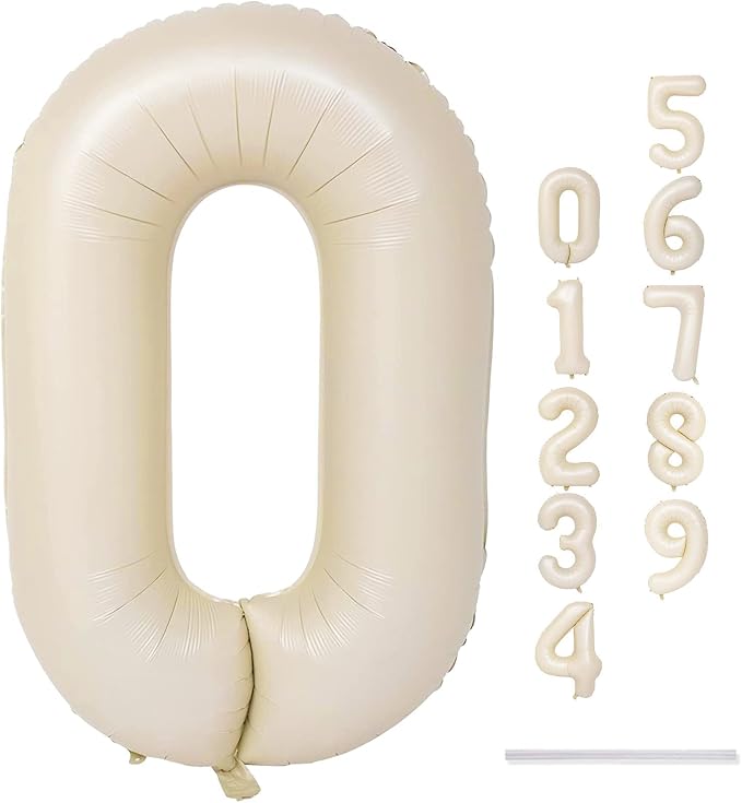 40 In Cream Large Numbers Balloons 0-9, Self Inflating White Sand Foil Number 0 - Image 9