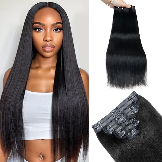 Yaki Straight Clip in Hair Extensions Real Human Hair 2 Pack 240g Seamless Clip ins for Women Full Max with 16Pcs Remy Human Hair Extensions PU Skin Weft 16inch Natural Black