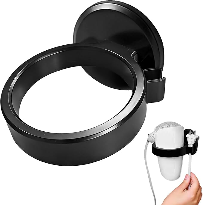 Hair Dryer Holder with Hook, Wall Mounted Bathroom Blow Dryer Storage Stand Self Adhesive Mount Hairdryer Hanger Rack Organizer for Salon Barber Shop Cabinet Hair Care Styling Tools (Black)