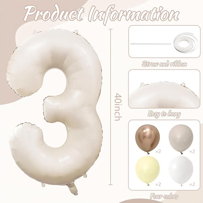 Cream Number 3 Balloon 40 Inch Beige Nude Number 3 Balloon - Image 6