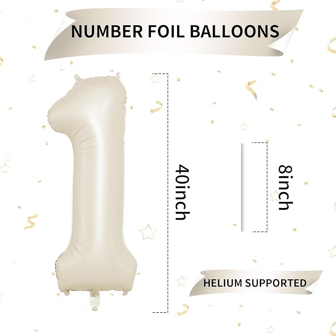 40 Inch Cream Number 1 Balloon, Digital 1 Cream White Giant 1 Foil Balloon - Image 2