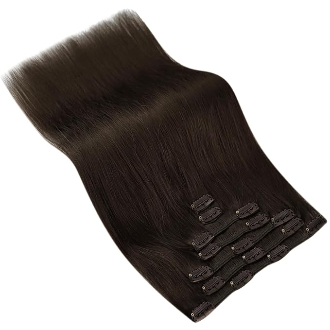 Ve Sunny Clip in Human Hair Extensions Dark Brown Clip in Hair Extensions Real Human Hair Soft Real Hair Extensions Clip in Human Hair Natural Look 120g 7pcs 18inch