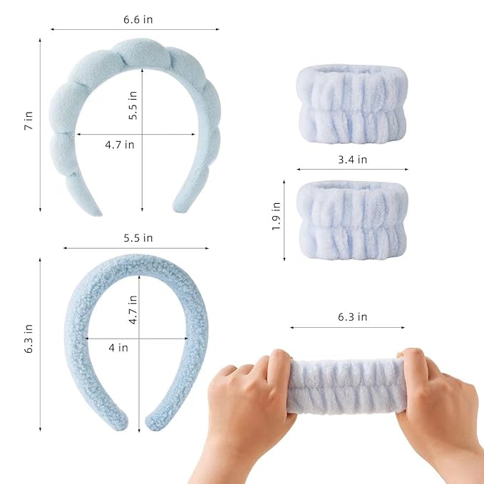 2Pcs Spa Headband for Washing Face & 1 Pairs Wristband Set Sponge Makeup Skincare Headband &Terry Cloth Bubble Soft Hairband for Women Girl Puffy Padded Headwear Non Slip Thick Hair Accessory (blue)