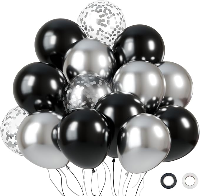 KBZVNAF Black and Silver Latex Balloons 60 Pack 12 inch | Black Metallic Silver by KBZVNAF