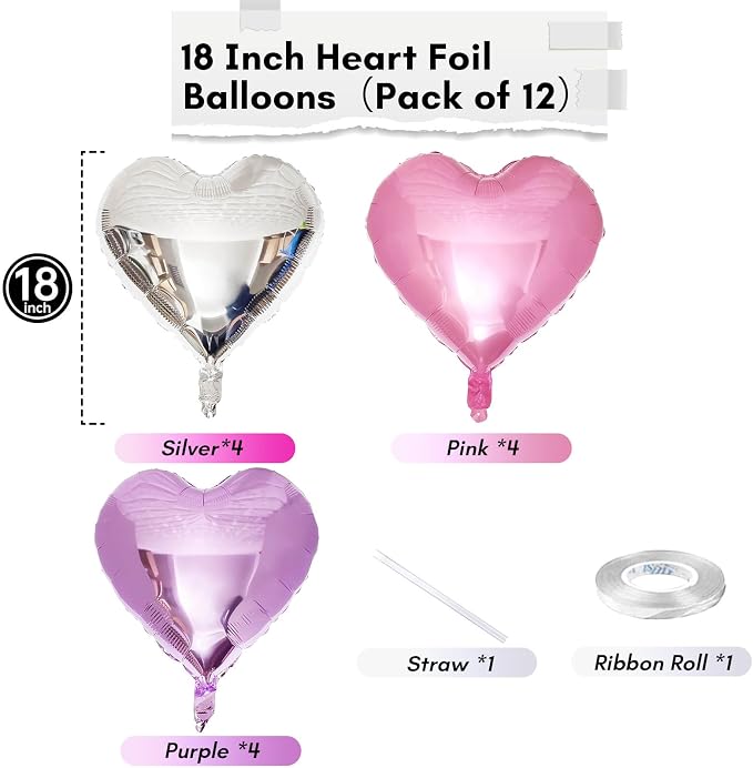 Pink Purple Foil Heart Balloons, 18 Inch 12Pcs Lavender Purple Pink and Silver - Image 2