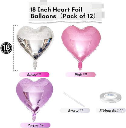 Pink Purple Foil Heart Balloons, 18 Inch 12Pcs Lavender Purple Pink and Silver - Image 2