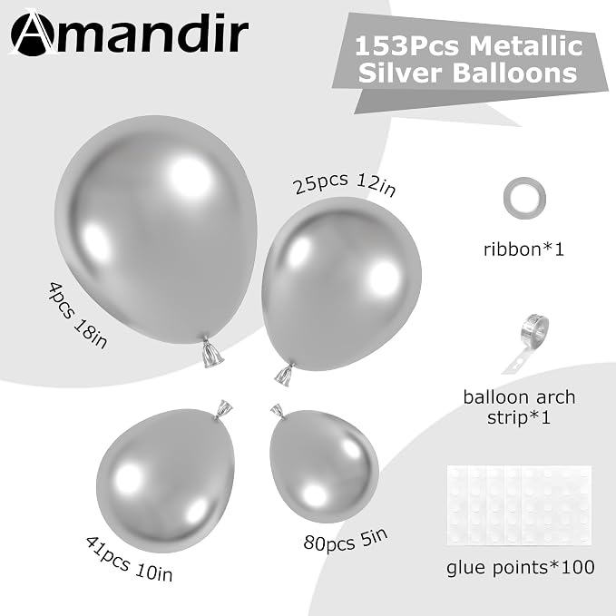 Amandir 153pcs Metallic Silver Balloons Arch Garland Kit Different Sizes | 18 - Image 3