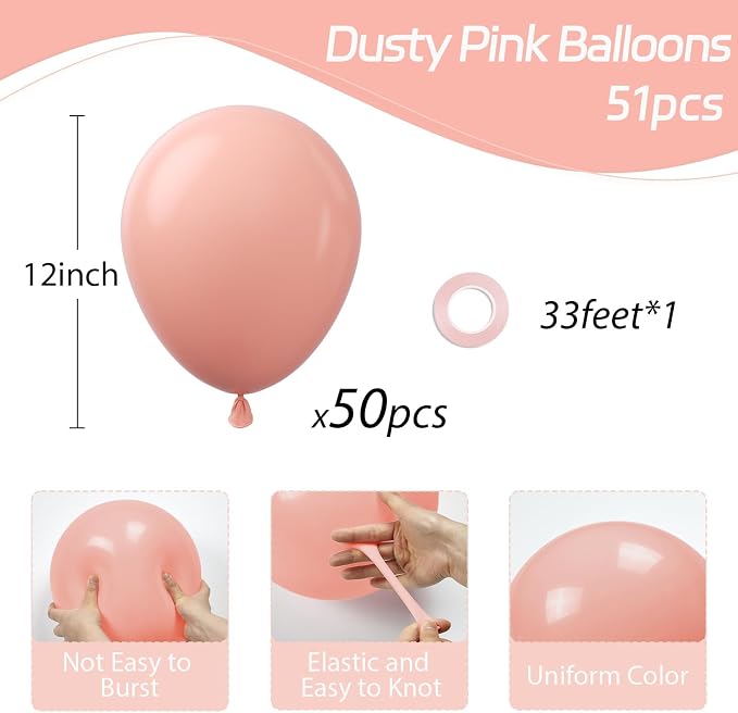 Dusty Pink Balloons 12 inch, Dusty Rose Latex 50pcs Party Balloons | Boho - Image 2