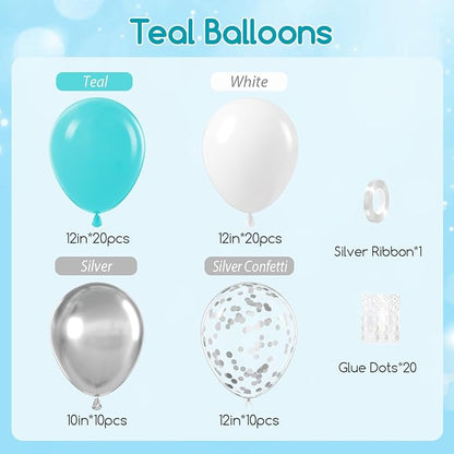 60pcs Teal Silver and White Balloons 12inch - Image 2