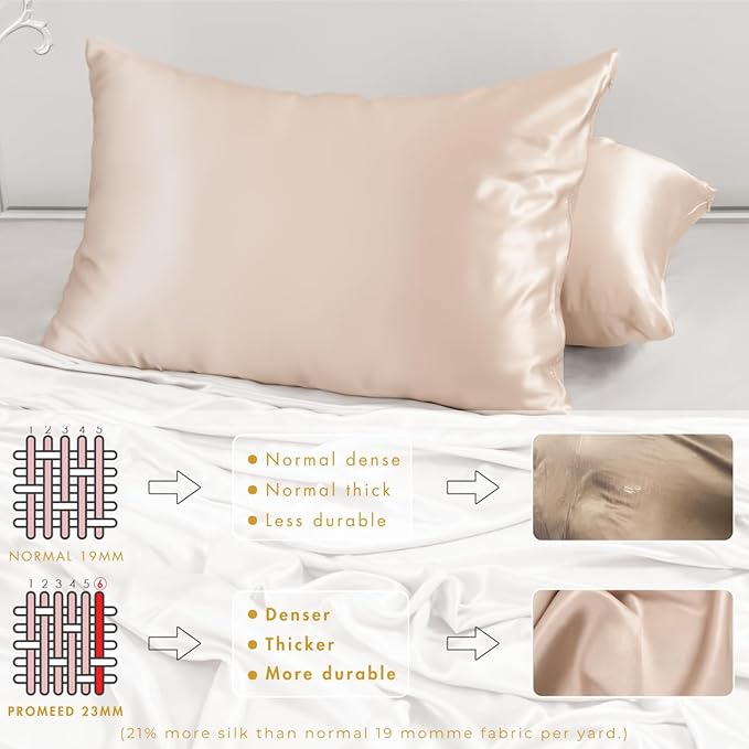 PROMEED 23 Momme Silk Pillowcase 2 Pack with Zipper, 3rd Gen Grade 6A+ 100% Mulberry Silk Pillow Case Set of 2, Cooling Pillow Cases for Hot Sleepers (Standard 20"x26", Champagne)