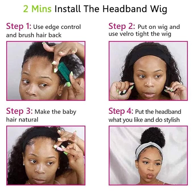 KLAIYI Headband Human Hair Wig Water Wave Curly Non Lace Front Wigs for Black Women Deep Wave Glueless Wear and Go Half Wig 30S Ready to Go Beginner Friendly 180% Density 12A Natural Hairline 14Inch