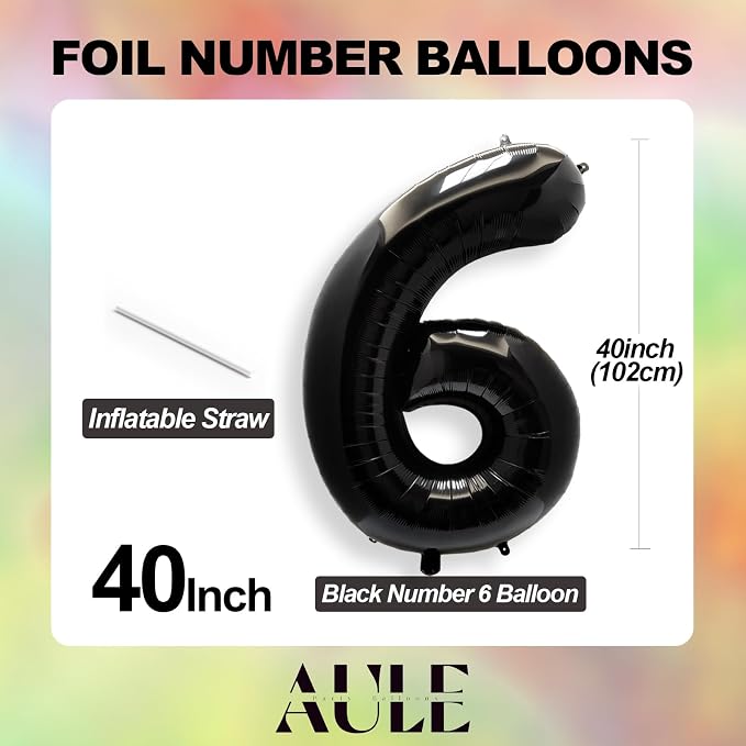 AULE 40 Inch Black Number Balloon 6 Foil 0-9 Birthday Big Numbers | Birthday - Image 5